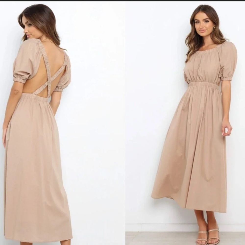 NWT Petal & pup Ollie beige midi-length puff sleeves open back dress new - Picture 3 of 9
